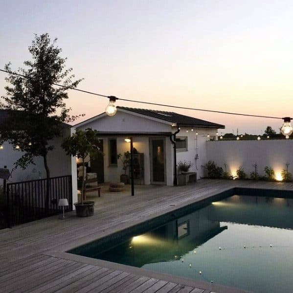 Home Backyard Designs Patio String Light Over Swimming Pool