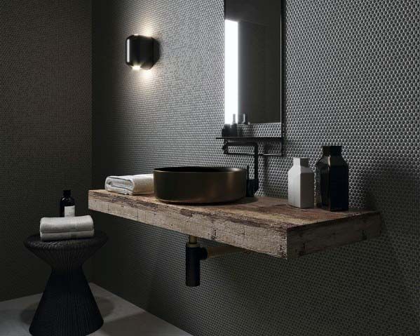 modern black mosaic tile wall bathroom wood vanity circular black sink