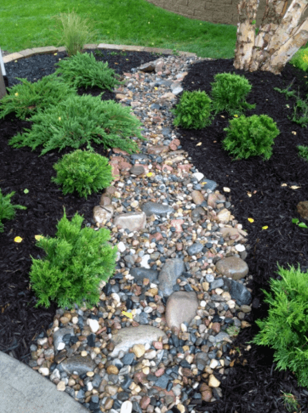 Charming river rock landscaping with a natural stone pathway surrounded by lush plants and dark mulch, adding texture and color
