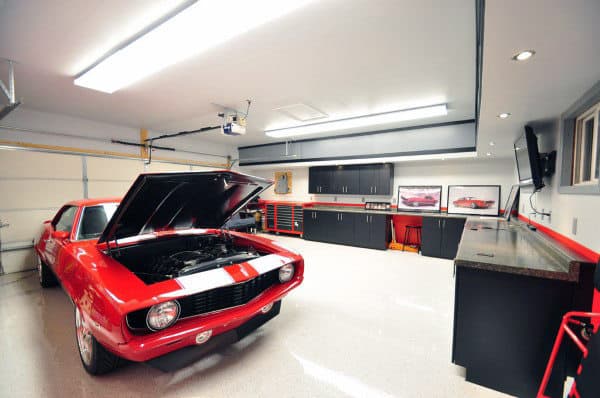 Home Garage With White Walls And Contrasting Red Paint