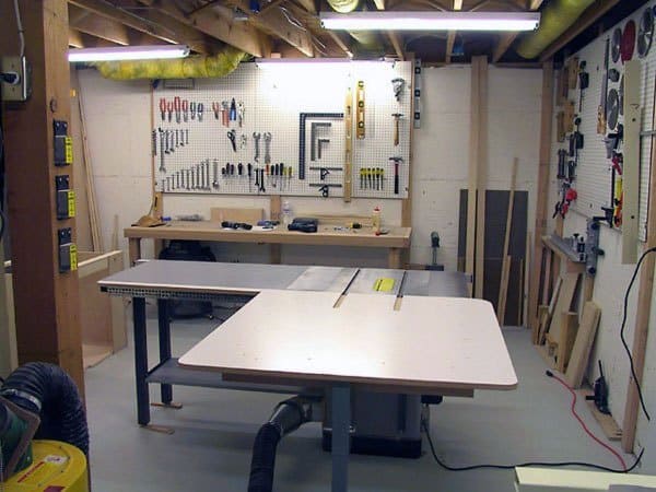 home garage workshop ideas table saw hanging tools