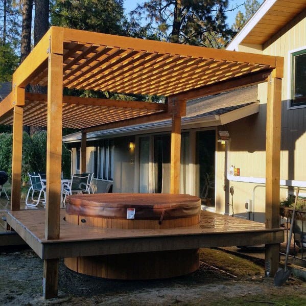 raised wood deck hot tub pergola