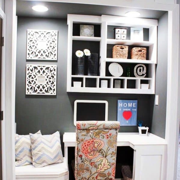 inventive closet office with wall shelving 
