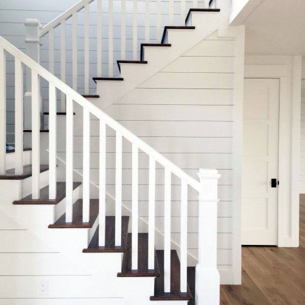 white wood shiplap staircase