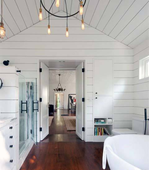 pitched ceiling in shiplap bathroom