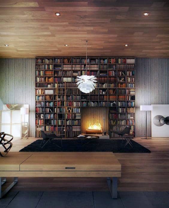 Cozy room with a floor-to-ceiling bookshelf, fireplace, wooden ceiling, and modern library-style lighting
