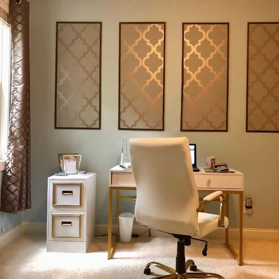 home office white desk and cabinet with gold accents white carpet