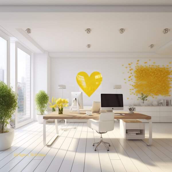 A bright, airy office with yellow accents from flowers and wall art, creating an energizing and joyful workspace.