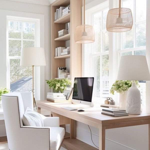 A bright, airy home office with natural light from large windows, complemented by soft lighting from lamps for a serene work environment.