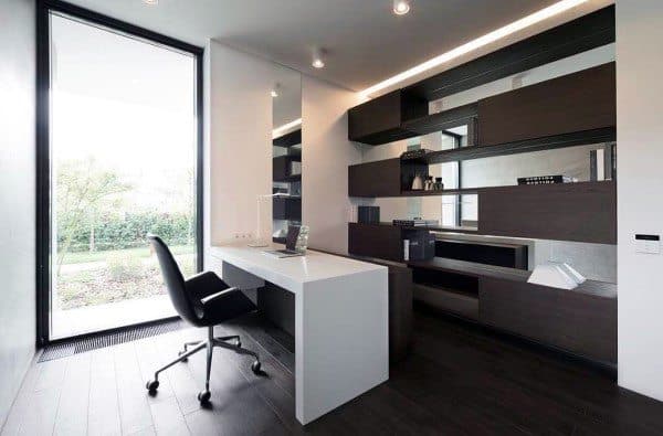 Sleek modern home office with white desk, dark shelves, and floor-to-ceiling window.