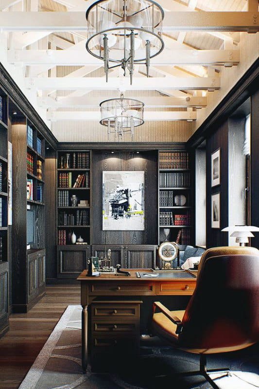 Cozy home office with dark wood shelves, eclectic decor, leather chair, library feel, and chandelier lighting