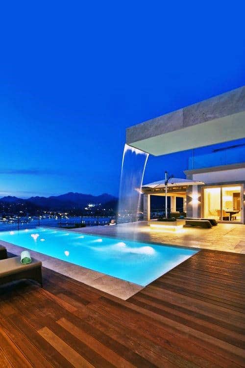 Home Swimming Pool With Rooftop Waterfall Modern Design Ideas