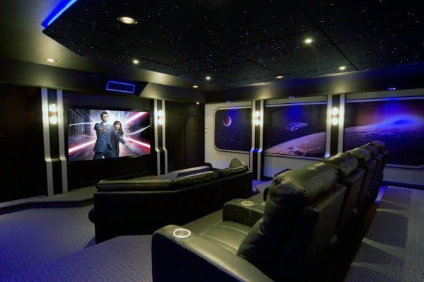 home theater with black sofas 