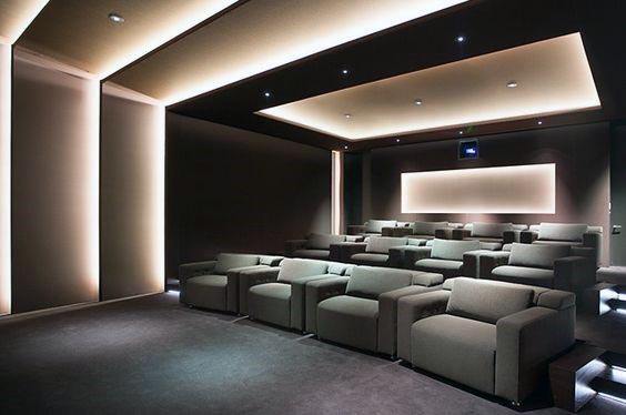 luxury home theater with recessed ceiling lights