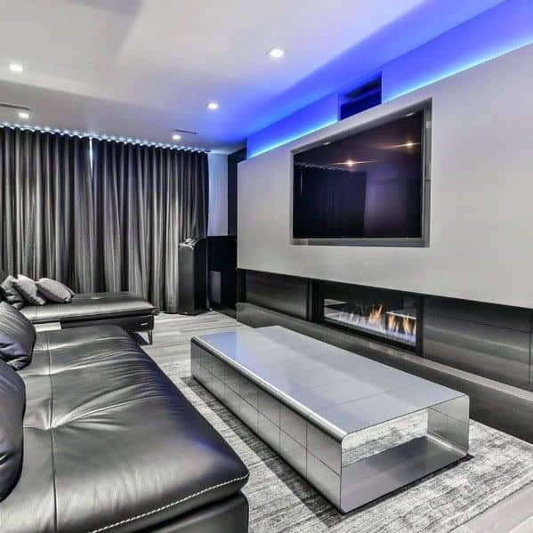 linear fireplace with TV above