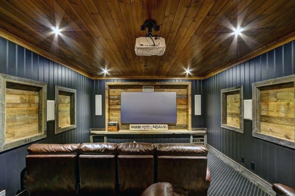Man cave home theater with leather seating, wooden walls, ceiling, and large screen