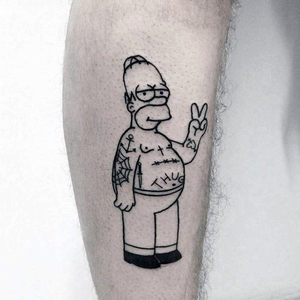 Minimalist black line tattoo of Homer Simpson flashing a peace sign, covered in humorous “thug life” style tattoos on his chest and arms.