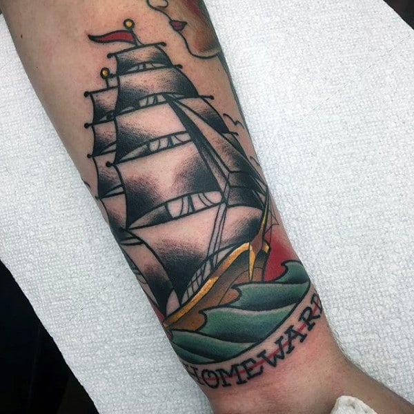 Homeward Mens Traditional Wrist Ship Tattoo Design Ideas