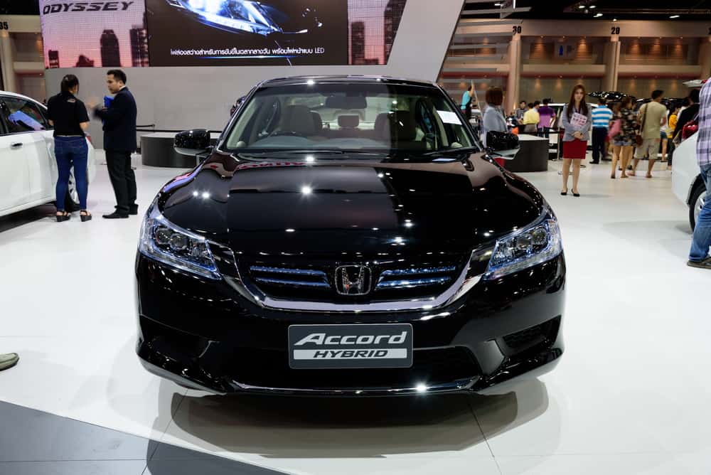 black honda accord hybrid is on display at the 36th bangkok international motor show