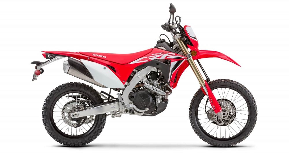 honda crf450l red dual sports bike on white surface
