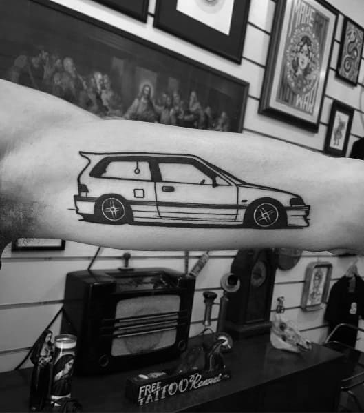 Minimalist Honda Civic hatchback tattoo on a man's forearm, featuring a clean black outline design with precise details.
