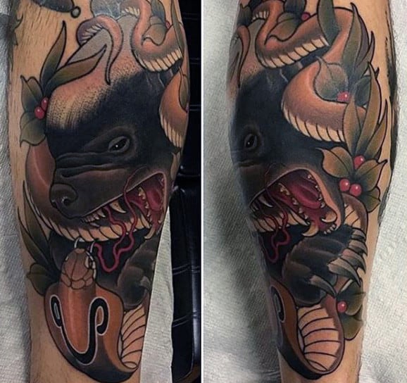 Honey Badger Mens Neo Traditional Leg Tattoos