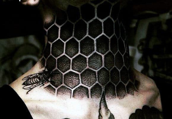 Honey Comb Pointillism Mens Neck Tattoos