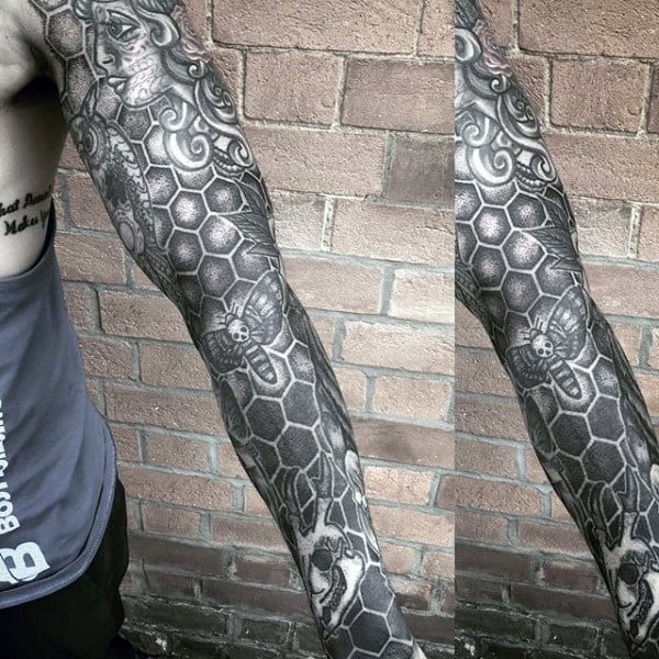 Honeybee And Hives Dotwork Tattoo Male Full Sleeves