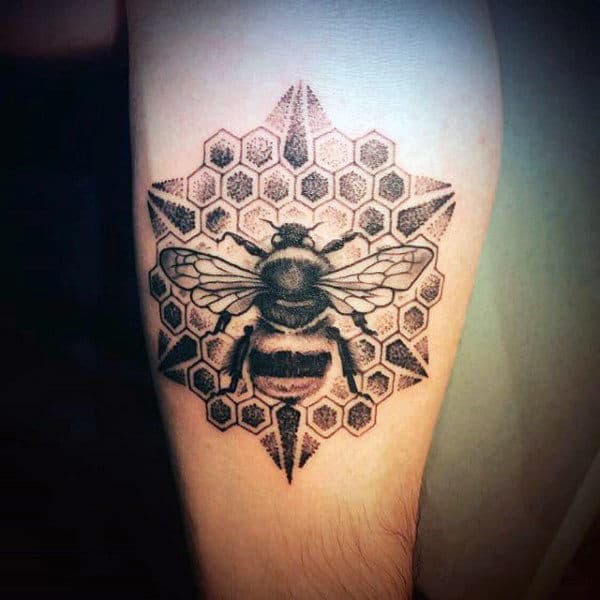 Honeybee On Star Shaped Honeycomb Tattoo Male Upper Arms