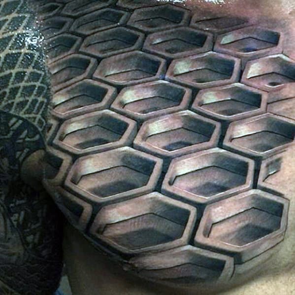 Honeycomb 3d Geometric Mens Uppper Chest Tattoo