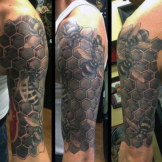 Honeycomb Pattern Mens Half Sleeve Bee Tattoo
