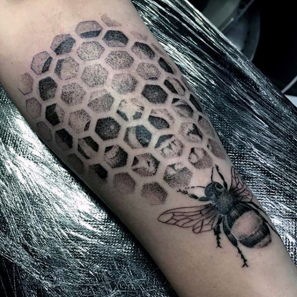 Honeycomb Skull Mens Bee Forearm Tattoo With Dotwork Deisgn