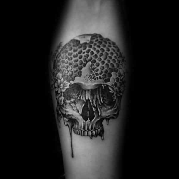 Honeycomb Skull With Bee Mens Inner Forearm Tattoo Design Ideas