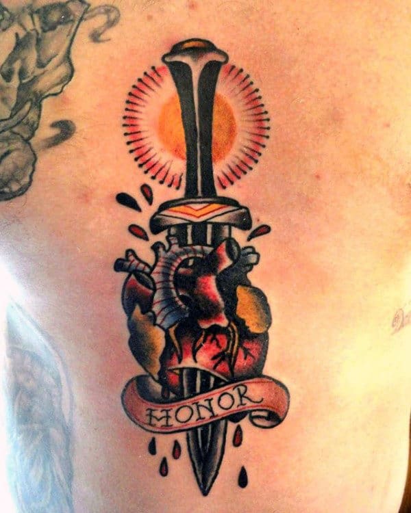 Honor Mens Dagger Traditional Heart Back Tattoos