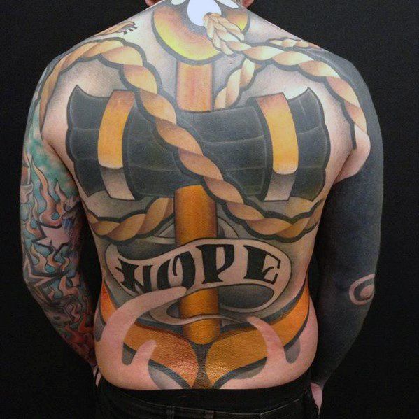 Anchor tattoo on a person's back with "HOPE" written at the bottom