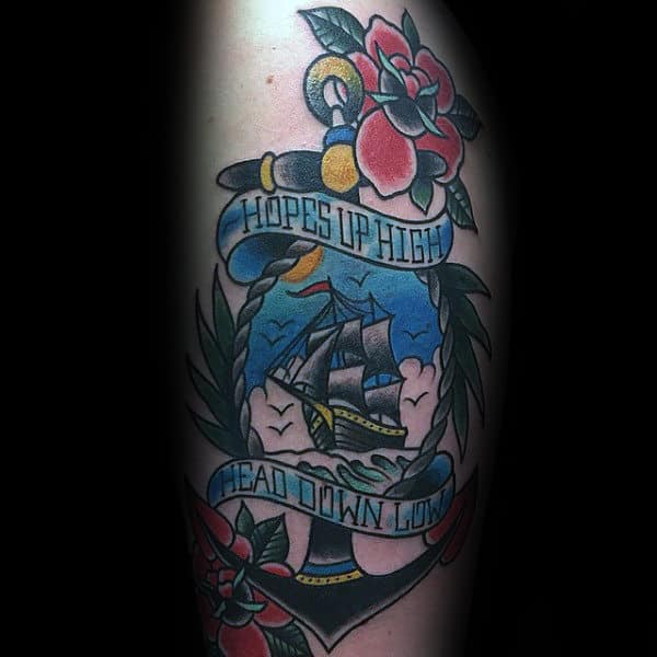 Hopes Up High Head Down Low Banner Male Sailing Ship Traditional Anchor Arm Tattoos