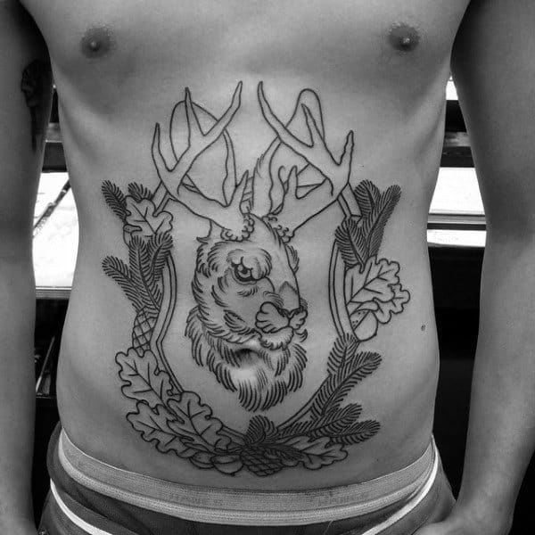 Horned Beast With Oak Tree Leaves Tattoos Male Torso
