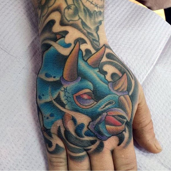 Horned Dinosaur Tattoo Mens Hands