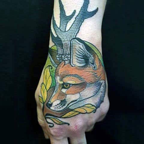 Horned Fox With Yellow Leaves Tattoo Mens Hands
