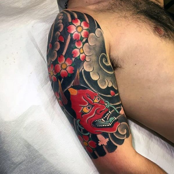 Horned Red Devil Japanese Sleeve Tattoo Guys