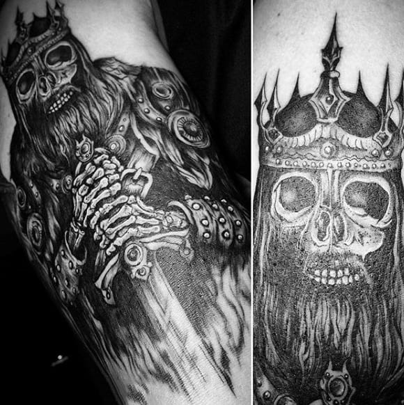 Horrendous Skull With Crown And Sword Tattoo Forearms Male