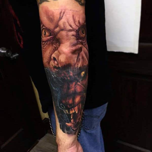 Horrific Werewolf Head And Mans Eyes Tattoo On Male Forearms