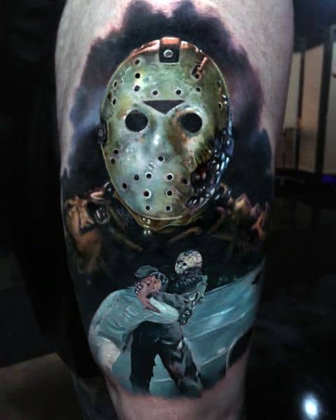 Realistic horror tattoo of Jason Voorhees from *Friday the 13th*, featuring his iconic hockey mask, eerie background, and a chilling scene below.