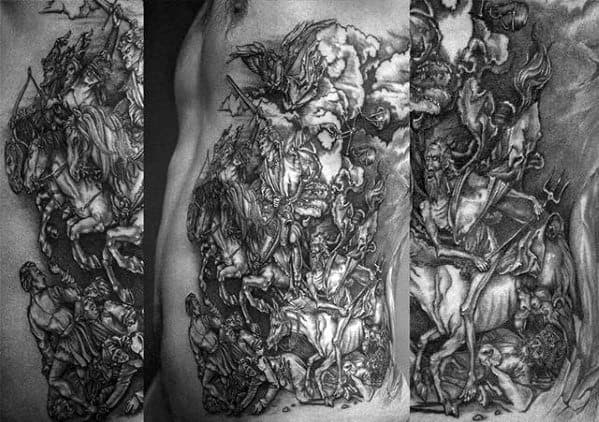 Highly detailed black and grey side tattoo of a dramatic battle scene with warriors on horseback, mythological creatures, and stormy clouds