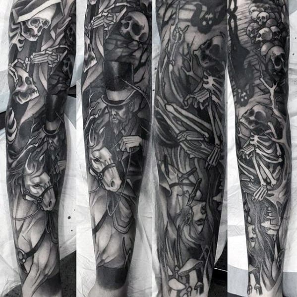 Dark full sleeve black and grey tattoo featuring a cowboy on horseback, skeletons, and skulls in a haunting, chaotic scene