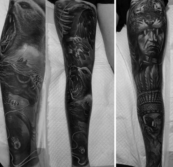 Full sleeve black and grey tattoo featuring Native American imagery, including a horse, eagle, wolf, and tribal faces with realistic shading