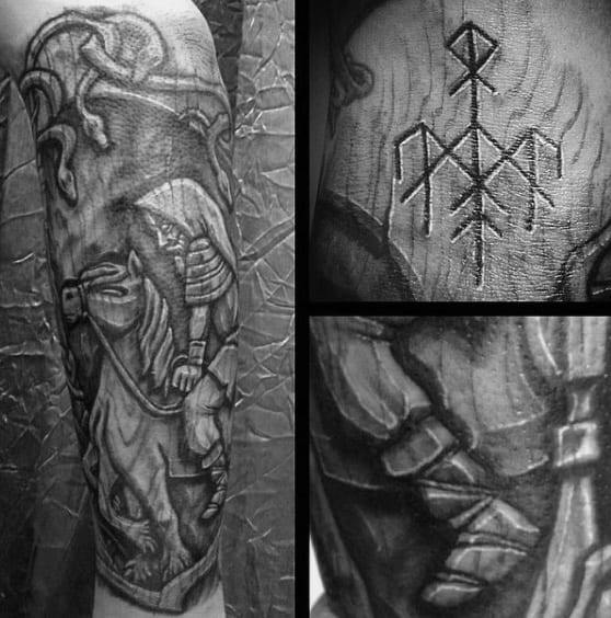 Horserider Norse Wood Carving Mens Forearm Sleeve Tattoo