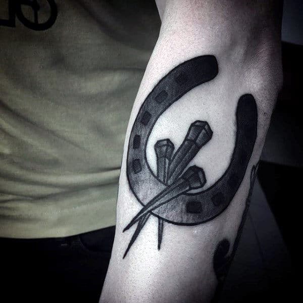 Horseshoe With Nails Mens Outer Forearm Tattoo