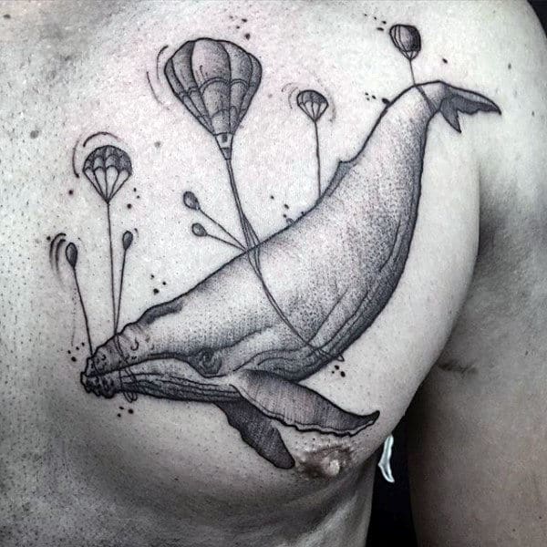Hot Air Ballon Mens Whale Upper Chest Tattoo