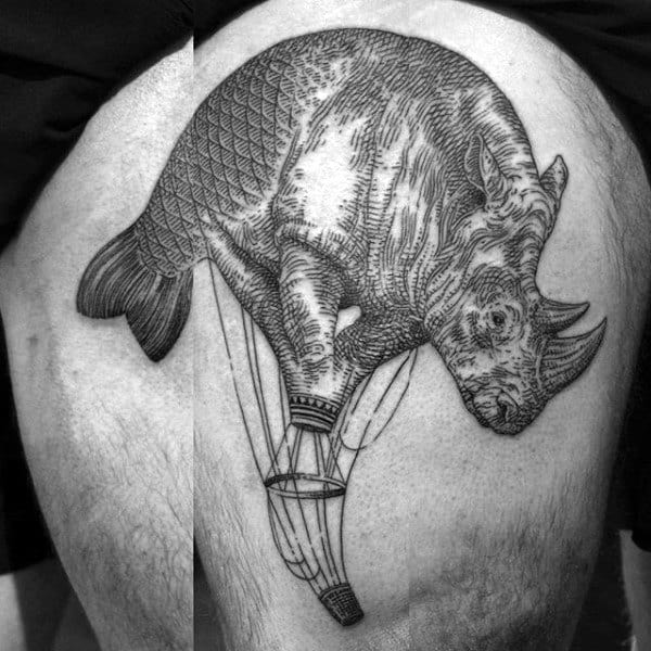 Hot Air Ballon Rhino Thigh Tattoo For Men